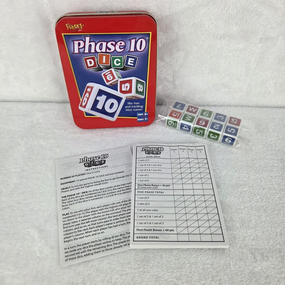 Phase 10 Dice Game Fundex Red Tin Complete with Score Pad & Instructions 2004